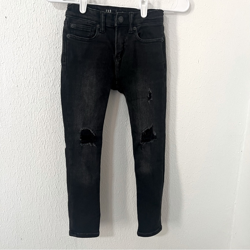 Gap Kids Boys Denim Skinny Jeans Black Wash Size 6 Distressed Adj. Waist EUC
